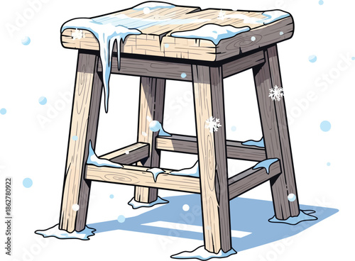 Rustic wooden stool covered in winter snow and melting icicles