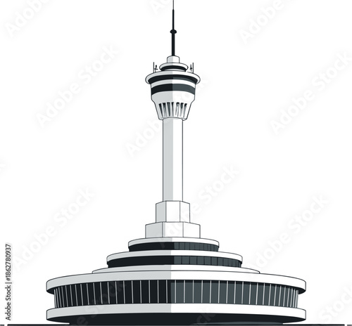 Modern architectural observation tower with needle spire and revolving deck platform isolated on white background for travel landmarks and futuristic city skyline concept.