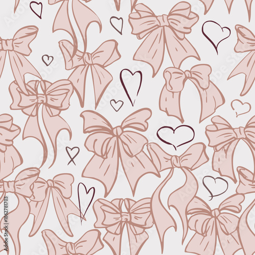 Scattered pastel tied bows from wide ribbon with diagonal cut ends, doodle heart. Seamless pattern isolated vector illustration hand drawn in ink. Fabric, wallpaper, wrapping paper, stationery.
