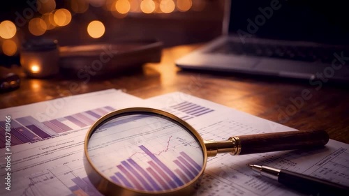 Financial analysis workspace with magnifying glass examining printed charts on desk under warm light, focused business research and data review