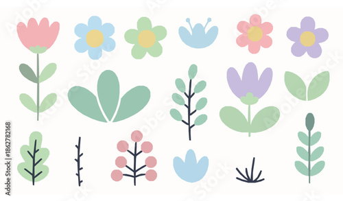Cartoon floral elements vector set with cute flowers leaves and berries