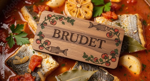Wallpaper Mural Traditional Croatian Brudet Fish Stew with Fillet and Engraved Walnut Sign, Authentic Maritime Seafood Pot in Sharp Macro Detail Torontodigital.ca
