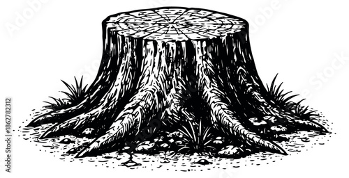Hand drawn woodcut style illustration of a tree stump depicting its natural texture and surroundings for nature and environment designs