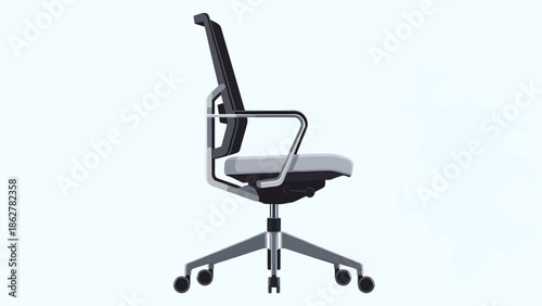 Sleek modern ergonomic office chair with black mesh back, light gray fabric seat, and polished metal arms.