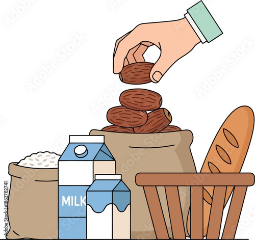 Healthy groceries: hand placing dates, essential milk, rice, bread. daily food shopping.