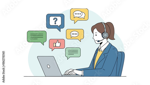 Online customer service agent connecting with clients, surrounded by various digital communication icons