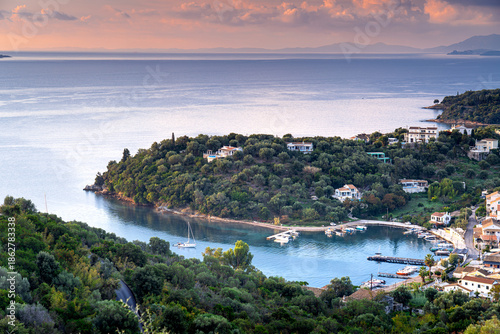Fotografía Aerial view village of Agios Stefanos with houses on green and mountainous island Corfu