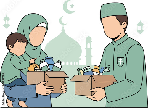 Muslim family charity & donation: ramadan, eid, zakat giving with child