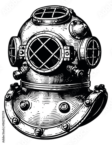 Vintage style hand drawn line art illustration of a deep sea diving helmet depicting historical underwater exploration for nautical and adventure designs