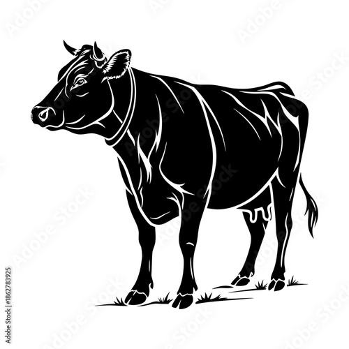 black and white illustration of a cow