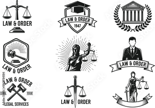 Vintage vector emblem set for law and order featuring lady justice, scales, gavels, lawyer silhouettes, and legal symbols in black and white style.