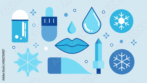 Winter lip care products and symbols in flat style with snowflakes, drops, balm and moisturizing icons on blue background
