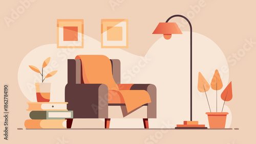 Cozy reading corner with armchair, floor lamp, books and indoor plants in warm autumn colors