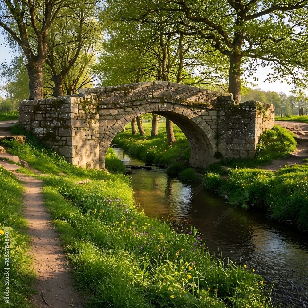 Fototapeta premium Ancient Stone Bridge Over Flowing Stream.