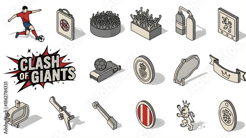 Dynamic isometric vector illustration set featuring essential football elements, fan accessories, and stadium icons, perfect for game day promotions, sports event branding, and championship themes
