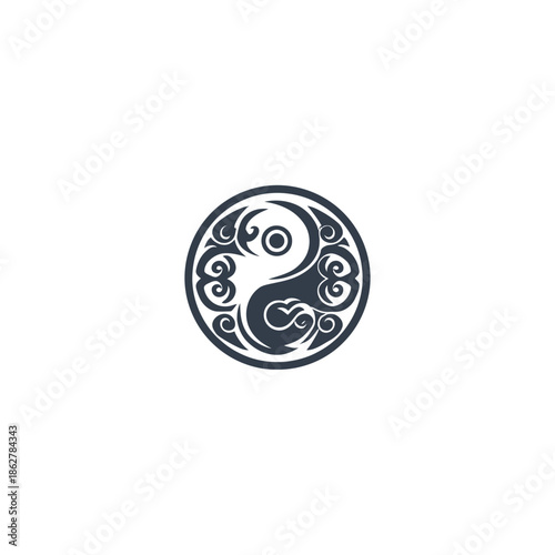 Intricate yin yang symbol dark ornamental design on white background