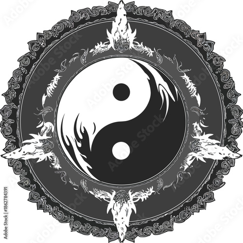 Yin yang symbol in ornate frame vector illustration for balance and harmony