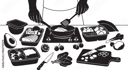 A person cooking in a kitchen with various food items
