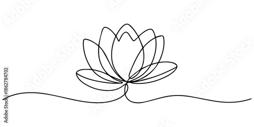 Continuous line drawing of lotus flower .one line  vector illustration  with out background, Continuous one line drawing of a lotus flower with many petals. Drawing of a floral plant with editable pro