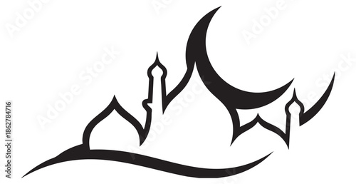 Black Islamic mosque domes and crescent moon silhouette graphic design vector