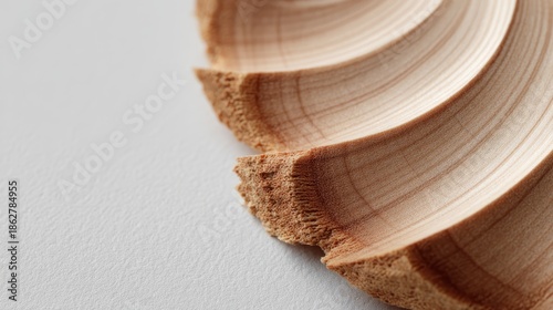 Artistic macro shot of textured birch wood grain with wavy lines and soft white background, emphasizing natural surface details and organic appeal, with copy space on the left