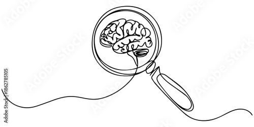 Magnifying glass with brain one continuous line vector illustration, One line of brain examination using a magnifying glass, magnifying glass in search of something concept, looking through it with.