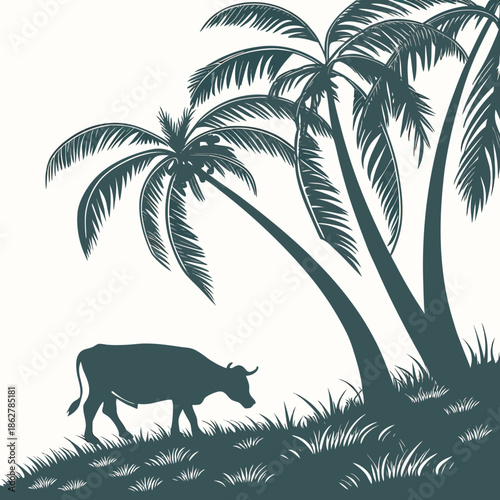 Cow grazing near palm tree shadows on white background