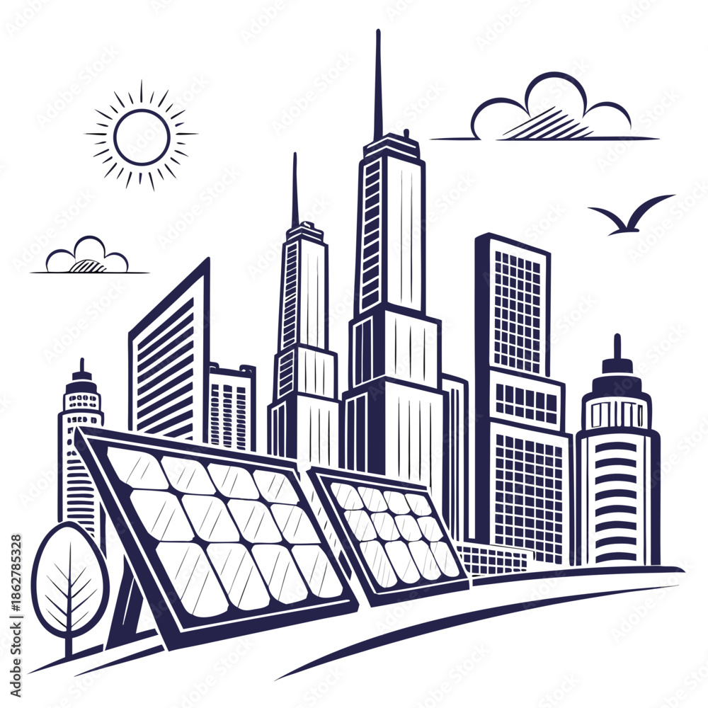 Obraz premium City skyline with solar panels and sun