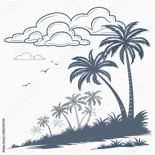 Palm trees on a tropical island with cloudy sky white background