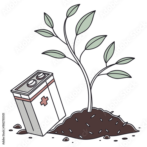 Seedling sprouting next to energy battery on white background