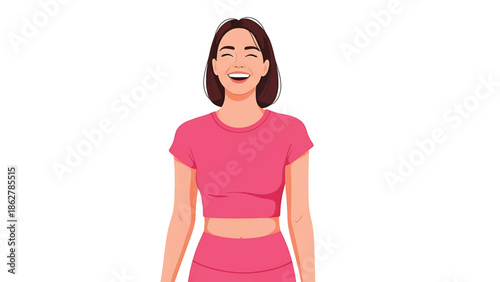 A smiling woman with short brown hair is shown from the chest up, wearing a pink crop top and athletic shorts. The background is white
