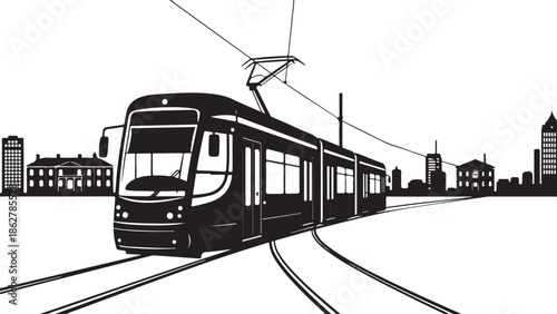 A black and white illustration of a city tram