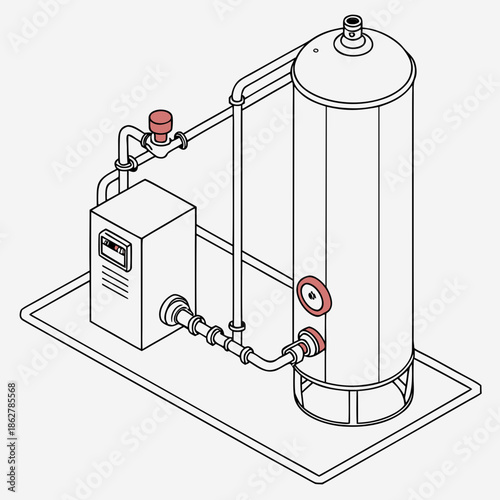 Hydrogen tank setup with pipes and valve on white background