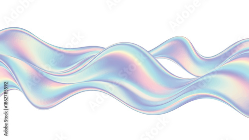A smooth, abstract design features flowing, iridescent ribbons. The ribbons, with soft gradients of color, appear to be floating on a white background