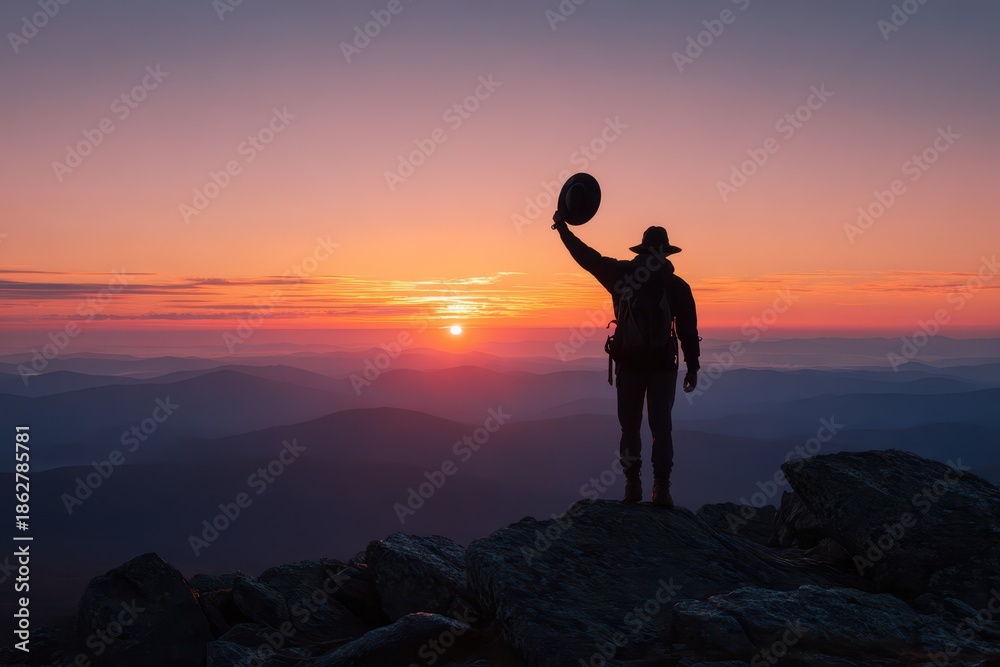 Fototapeta premium Adventurous Silhouette: Hiker Standing on a Crest at Dusk