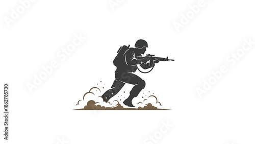 A soldier silhouette is running through an explosion. The figure is armed with a rifle and wearing military gear. The background is white