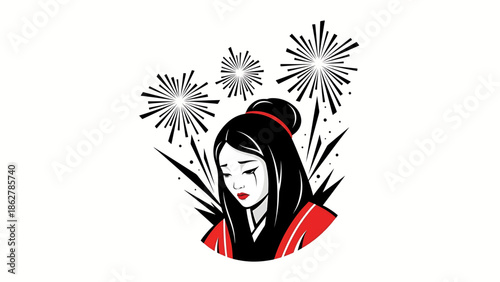 A sorrowful woman with long dark hair, a red ribbon, and a red collar, is set against a backdrop of black and white fireworks and sharp lines