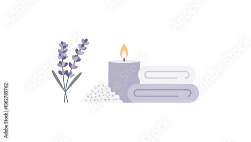 A soothing illustration featuring lavender sprigs, a lit candle, bath salts, and neatly folded towels in soft, muted tones. A spa-like composition