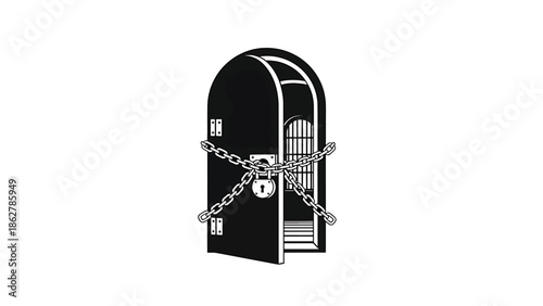 A stark black and white illustration depicts a chained and locked arched doorway slightly ajar, leading to a barred window and stairs