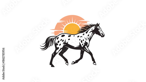 A spotted horse galloping under a stylized sun. The animal is in motion, detailed in black and white with a few color elements