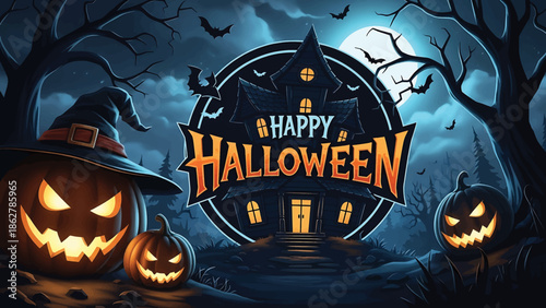 A spooky Halloween scene depicts a haunted house framed by a circle bearing 'Happy Halloween' text, lit pumpkins, bats, and bare trees under a full moon
