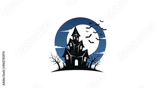 A spooky, silhouette-style illustration featuring a haunted house with bats flying in front of a blue textured circle with clouds. Barren trees frame the scene