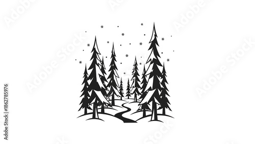 A stark black and white illustration depicts a wintry forest scene with a winding path through snow-covered pines under falling snow