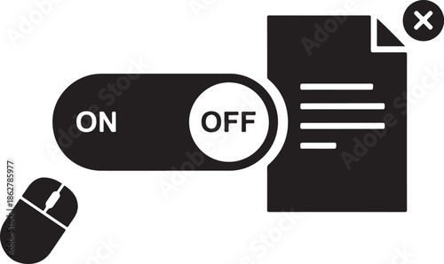 A black and white illustration of a toggle switch and document