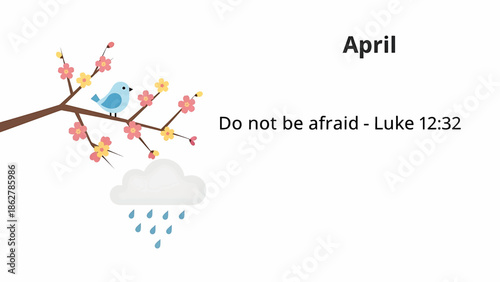 A springtime design with a blue bird on a blooming branch, a cloud with raindrops, and the month name