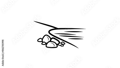 A stark black and white illustration of a stylized scene.  Several rounded stones sit below a flowing, curved line with horizontal streaking lines