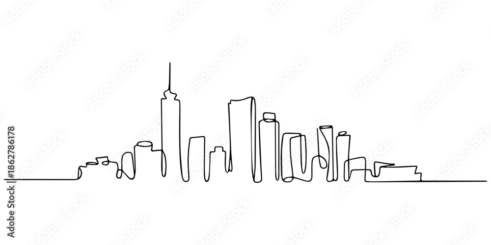 Fototapeta premium Single one line drawing modern cityscape, Continuous line drawing of a modern city skyline with skyscrapers, isolated on continuous one line art of vector illustration, style buildings and skyscrapers