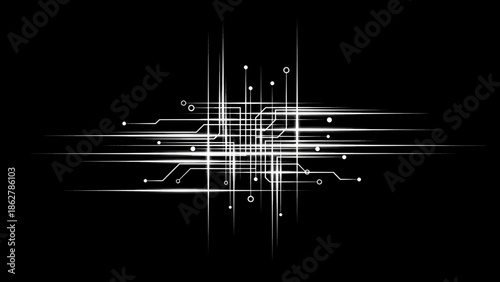 A stark digital circuit design in white lines and dots against a deep black background. The graphic suggests connectivity and information flow