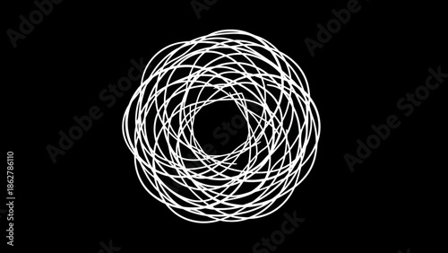A stark composition featuring a white, spiraling pattern set against a black backdrop, resembling a vortex