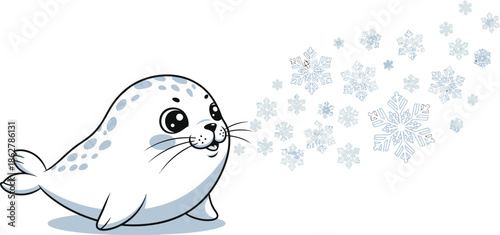 Cute baby seal character surrounded by floating winter snowflakes